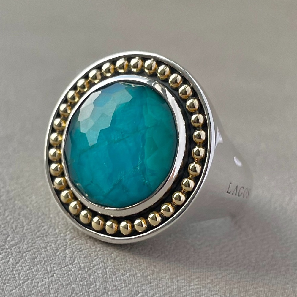 LAGOS 18K Gold & Sterling Silver Treasure Chest Chrysocolla Ring Size 7